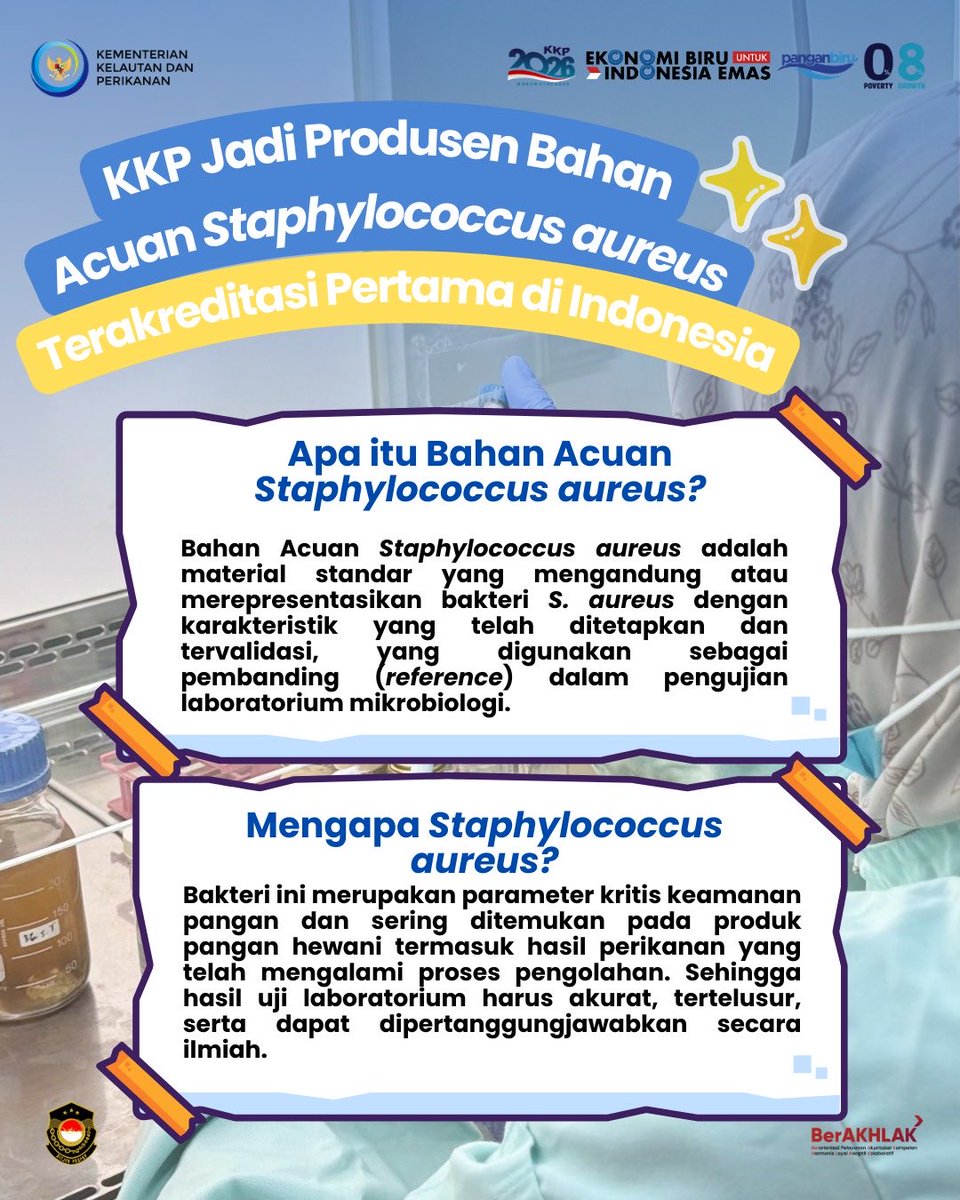 yhanax08's tweet photo. KKP resmi miliki produsen bahan acuan Staphylococcus aureus terakreditasi!🔬✨ 
Langkah strategis ini menjadi bukti nyata KKP untuk memastikan hasil uji laboratorium yg lebih akurat, valid, &amp;terpercaya, khususnya dlm pengujian keamanan pangan hasil perikanan.
#kkpresmi701E1 https://t.co/tpUfeeWKGT