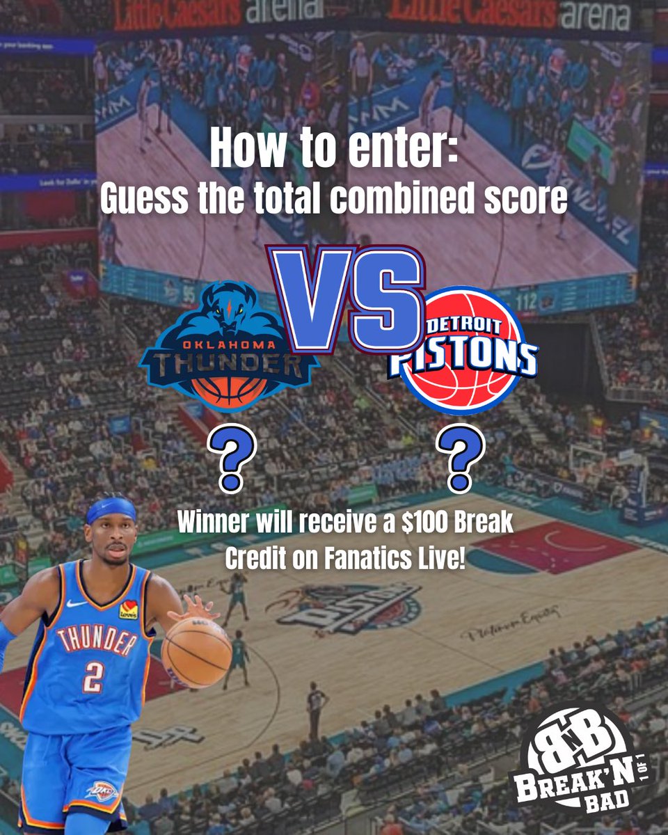 Game Day Giveaway! 🏀

Comment your guess below for what the total combined score of the OKC vs Pistons game on Friday for a change to win 💰$100💰worth of break credit on Fanatics Live! 

Submissions must be in by midnight, CST on Thursday Feb. 26th. 

#fanatics #breakcredit