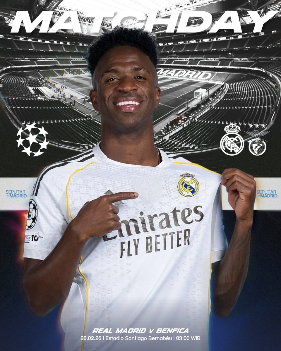 🚨 It’s 𝗠𝗔𝗧𝗖𝗛𝗗𝗔𝗬!

🏆 #UCL Playoff Leg 2/2
⚔️ Real Madrid (1) 𝗫 (0) SL Benfica
🏟 Estadio Santiago Bernabéu
🗓 Kamis, 26 Februari
⏰ 03.00 WIB
📺 BeIN Sports &amp; Vidio.