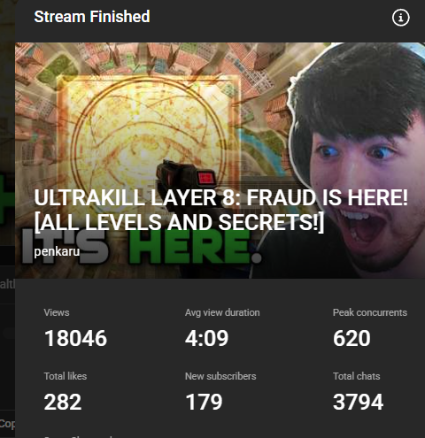 Thank you to everybody who tuned into the stream today! Ultrakill has become one of my favorite indie titles since I discovered it last year so I'm so thankful that my audience is able to share this experience with me <3

video should be out later tmrw if not tonight!