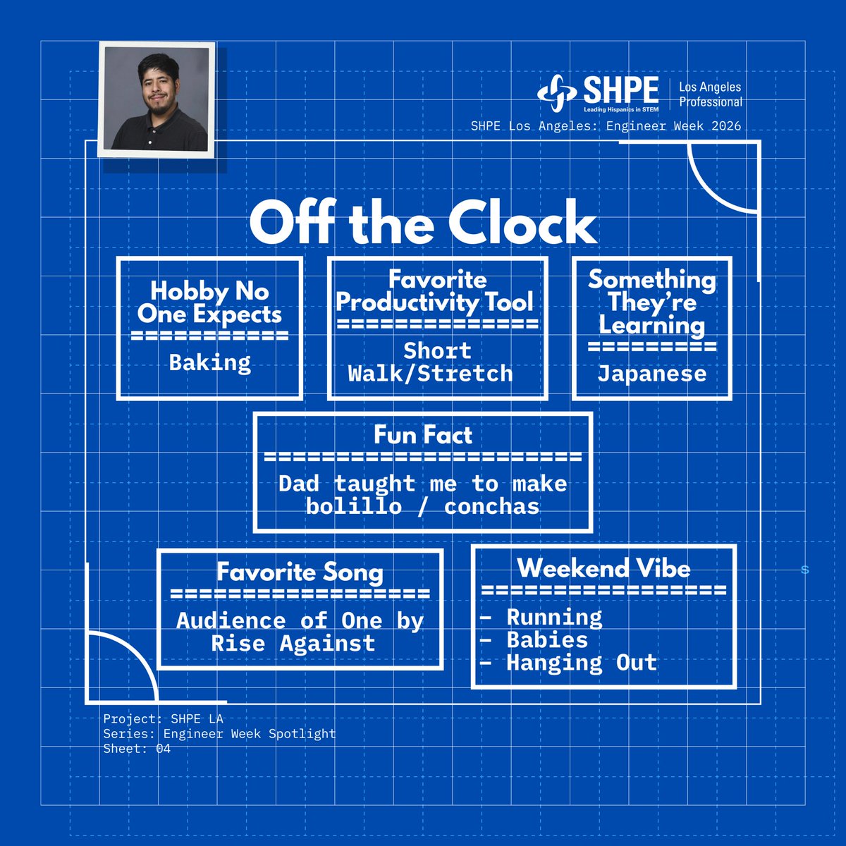 shpelosangeles's tweet image. 🚀 Engineer Week Spotlight: Ernesto Lopez
From balancing work &amp;amp; school to overcoming impostor syndrome, Ernesto’s journey is built on resilience.
“Some finish in 4 years. Others take longer. What matters is that you make it through.”
#EngineerWeek #SHPELA #MechanicalEngineering
