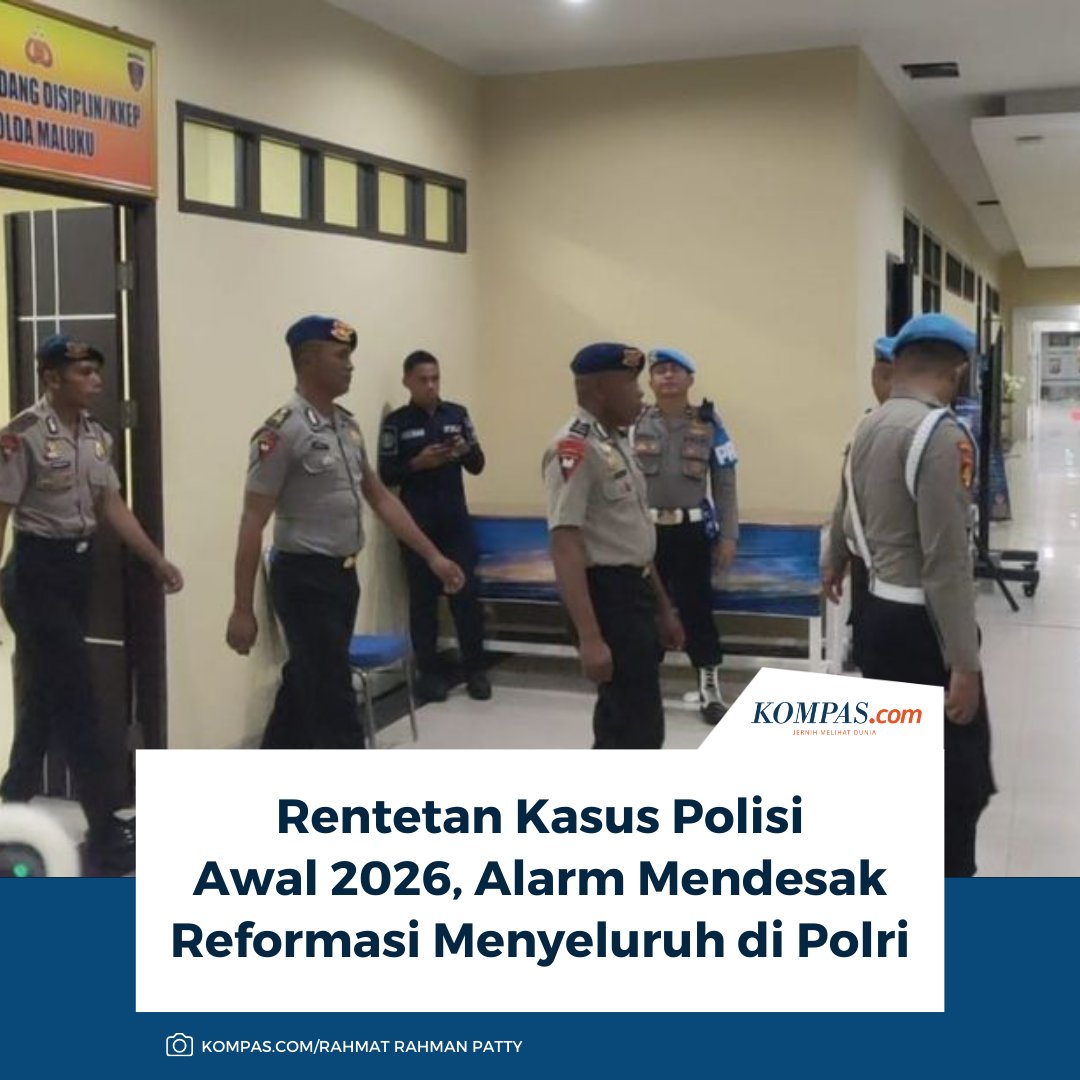 kompascom's tweet image. Rentetan kasus yang melibatkan aparat kepolisian pada awal 2026 kembali mengguncang kepercayaan publik terhadap institusi Kepolisian Republik Indonesia (Polri).

Baca di sini: nasional.kompas.com/read/2026/02/2…

~AA #Polri #Kasus