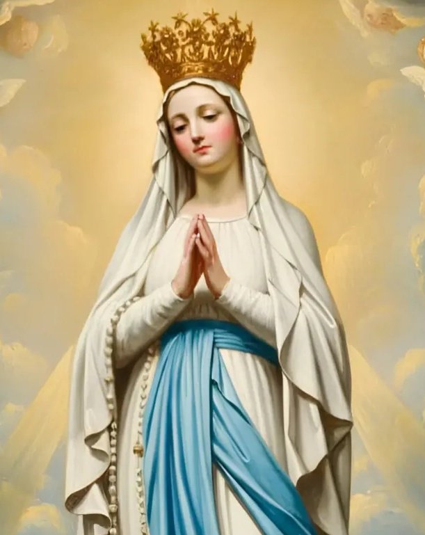 ✝️ Dios te salve, María, 
llena eres de gracia;
el Señor es contigo.
Bendita Tú eres 
entre todas las mujeres,
y bendito es el fruto de tu vientre, Jesús. 

Santa María, Madre de Dios,
ruega por nosotros, pecadores,
ahora y en la hora de nuestra muerte. Amén 🙏