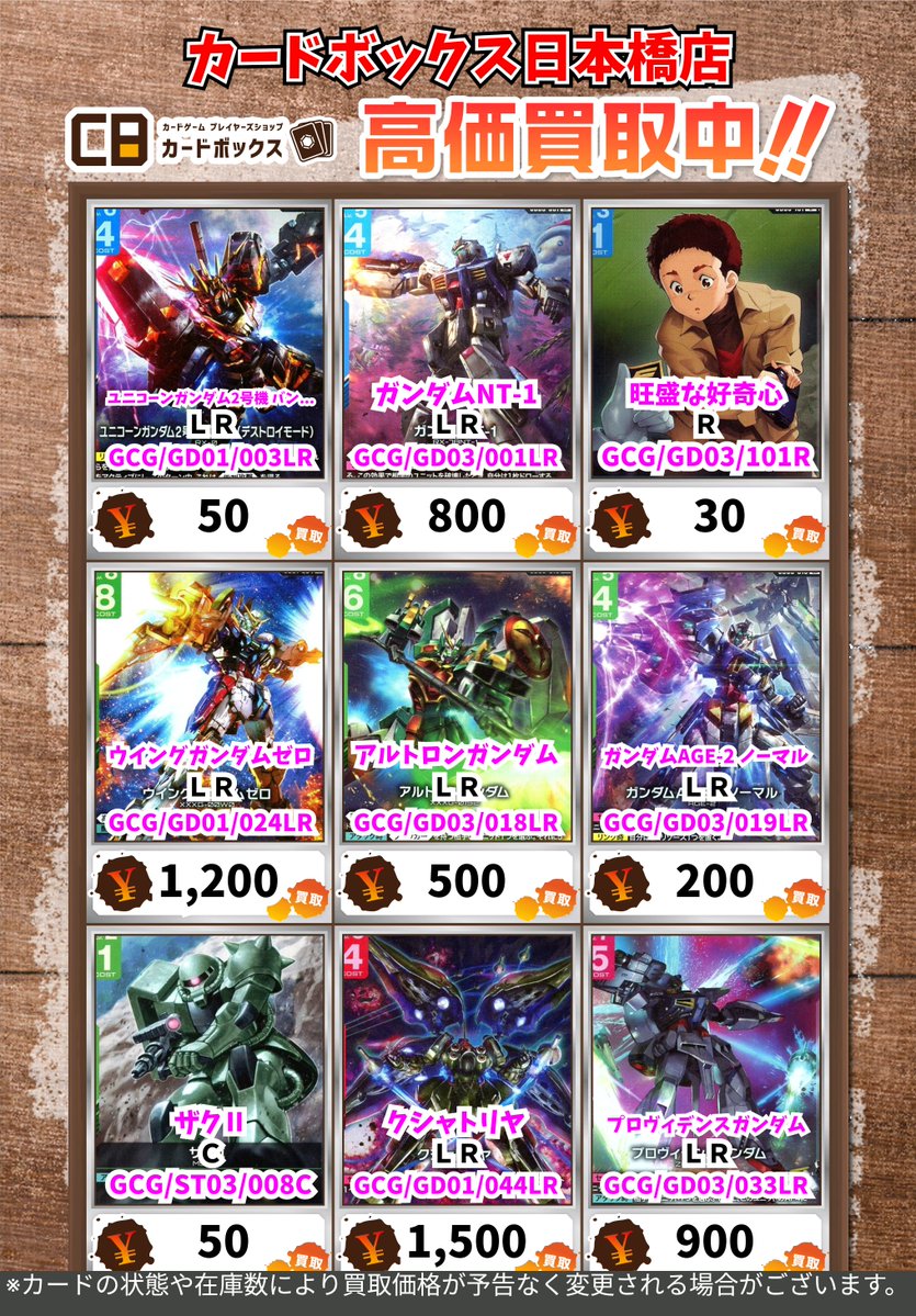 CB日本橋店ガンダムカードゲーム買取表 【注意事項】 ・上限枚数集まり