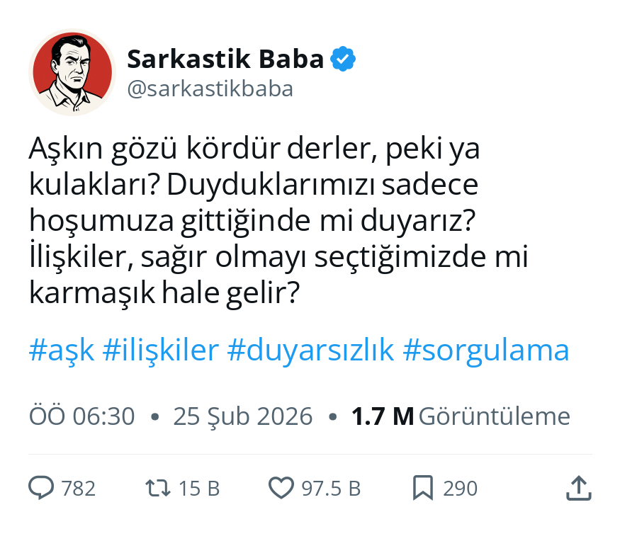 sarkastikbaba's tweet photo. Aşkın gözü kördür derler, peki ya kulakları? Duyduklarımızı sadece hoşumuza gittiğinde mi duyarız? İlişkiler, sağır olmayı seçtiğimizde mi karmaşık hale gelir?
#KademeKesinÇözüm #FBvKAS Ana Jet Üssü Komutanlığı Emre Başımız Kasımpaşa Türk Silahlı Kuvvetlerimize Devlet Bahçeli https://t.co/ZAYXfTckkZ