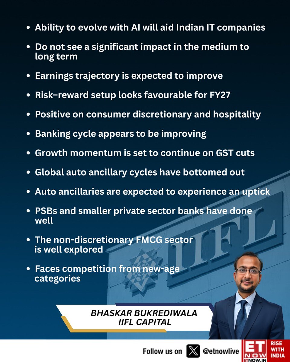 ETNOWlive's tweet photo. ET NOW @ IIFL Capital Entrepreneurial India
Bhaskar Bukrediwala of IIFL Capital says the ability to evolve with AI will aid Indian IT companies
#IndiaMarkets #HospitalitySector #AutoAncillaries #FMCG #GSTImpact #PSBs #PrivateBanks @iiflcapital https://t.co/oeEcthv1Zy