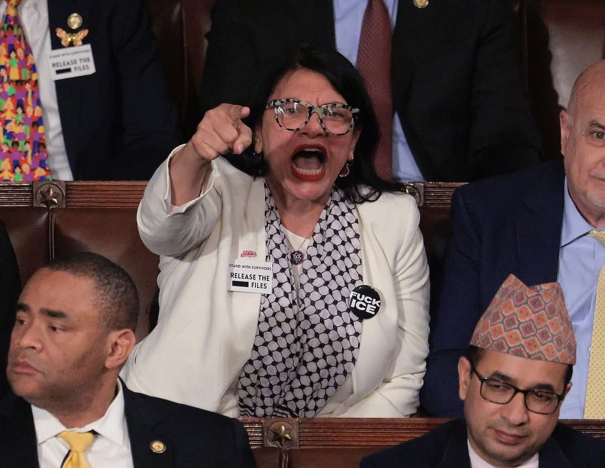 LadyRedWave's tweet image. Dems are such a Class Act aren’t they? 

Disgraceful 

Rashida Tlaib wearing a F*ck ICE pin &amp;amp; her big mouth open yelling at @POTUS at #SOTU!