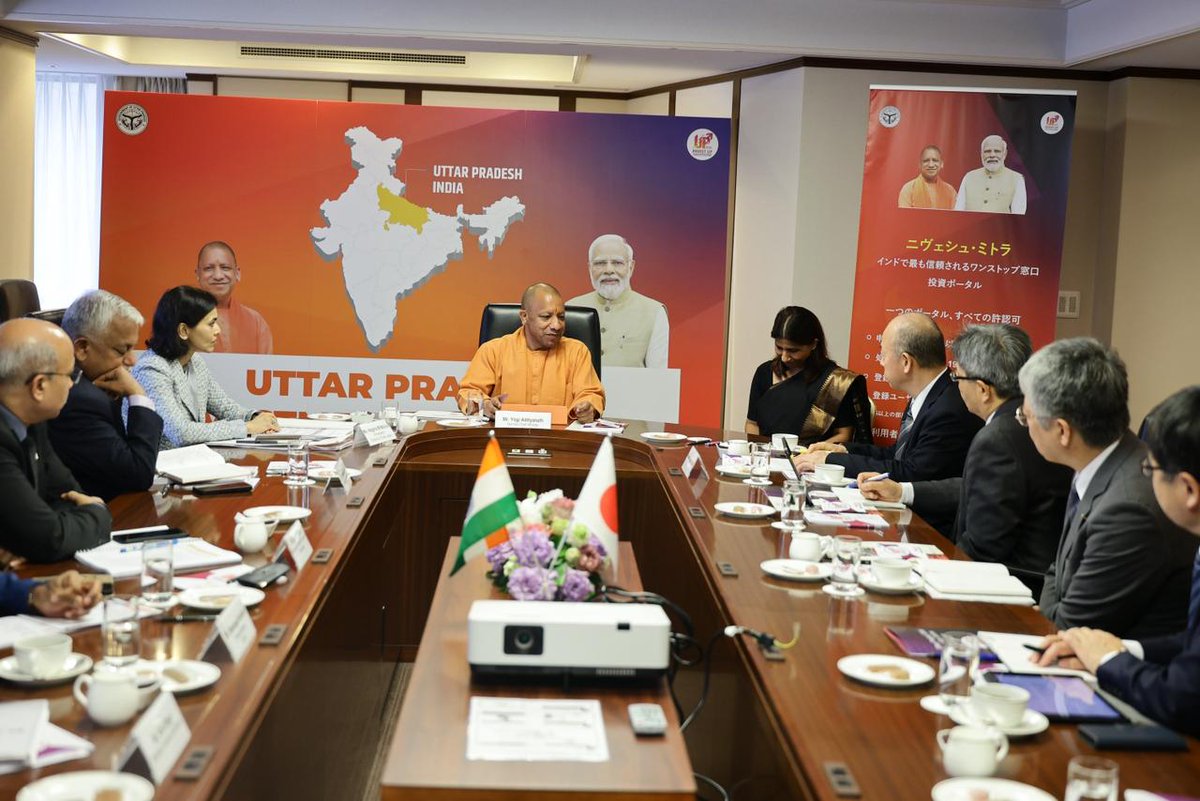 CMOfficeUP's tweet photo. Chief Minister @myogiadityanath Ji met Mr. Shigeki Tanabe, Senior Managing Executive Officer and Executive General Manager (Sales Management Division, Domestic Business), Konoike Transport Co., Ltd., along with his delegation in Tokyo today.

The meeting focused on expanding Konoike’s presence in Uttar Pradesh through logistics parks, advanced warehousing, and multimodal transport infrastructure to support the state’s rapidly growing industrial ecosystem.

With an aim to further strengthen the industrial collaboration between India and Japan, CM Yogi Adityanath Ji also invited the company to explore opportunities in manufacturing of medical devices, leveraging the Dedicated Freight Corridor Corporation of India and the Medical Devices Park in YEIDA.

#UPgoesGlobal