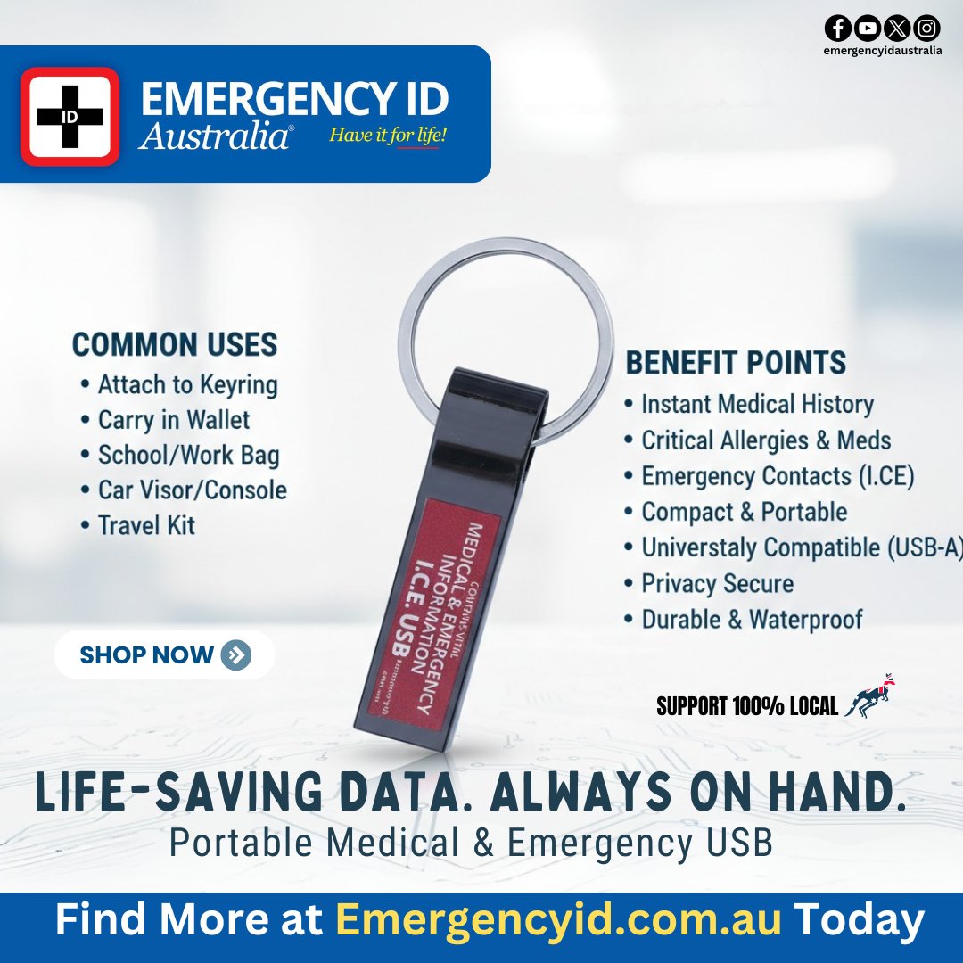 EmergencyIDAust's tweet image. Carry your vital medical and emergency information wherever you go with the Emergency ID I.C.E USB Key Ring. Designed for convenience and fast access, this compact USB stores important health details that can be viewed in an emergency.

emergencyid.com.au/shop/accessori…

#emergencyid