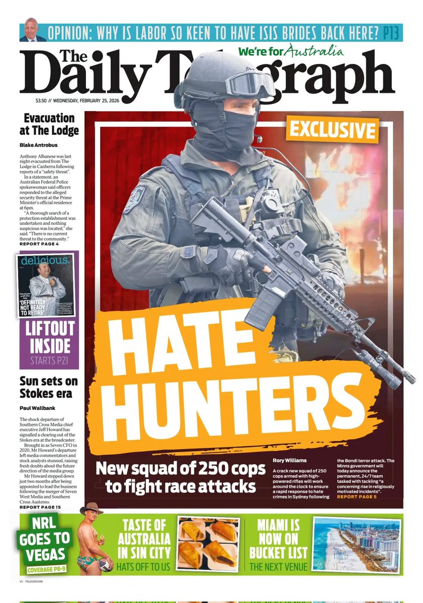 vittart75's tweet image. Australie. État fédéré de Nouvelle-Galles du Sud. Après l'attentat islamiste de #BondiBeach, une unité d'intervention rapide de 250 policiers lourdement armés luttera 24 heures sur 24 contre les infractions et crimes à caractère antisémite et haineux. #antisemitisme