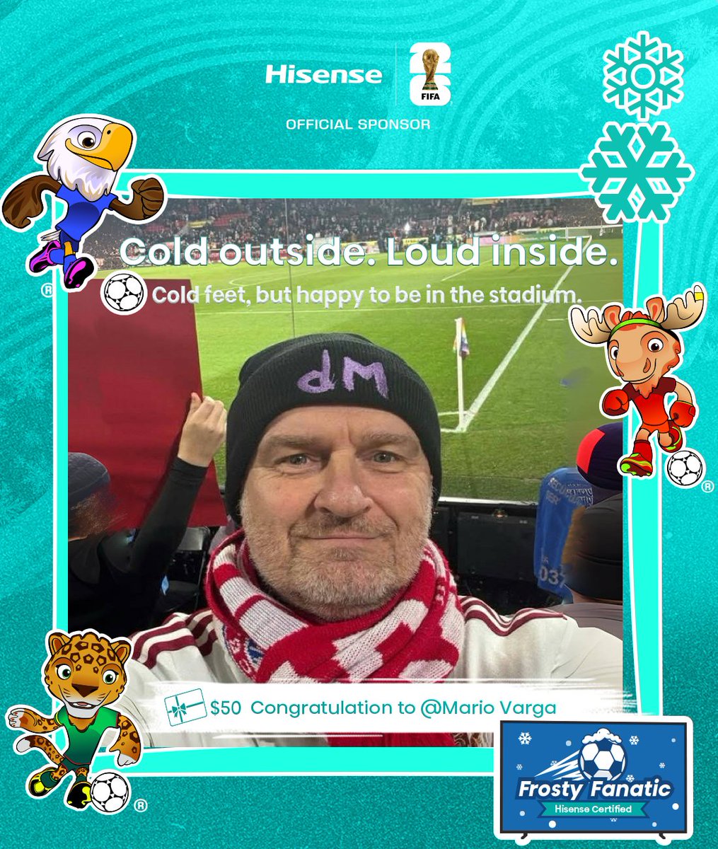 HisenseSports's tweet photo. Final whistle. Winners announced. 

Our Winter Football Tale Champions have conquered the cold. 

Meet the "Frosty Fanatic" &amp; "Snow Plow Defender" — and every fan who refused to freeze.

Winners receive a gift card and the Hisense Badge of Winter Glory. Congrats! https://t.co/jfNMqAW87W
