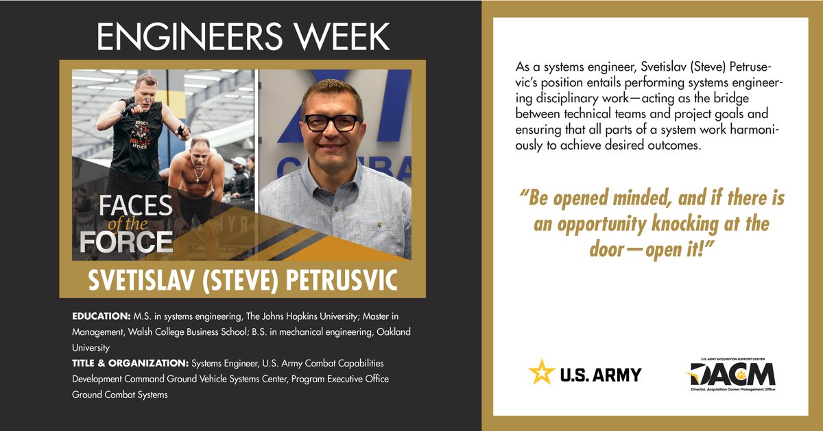USAASC's tweet image. It's Day 3 of #NationalEngineersWeek! ⚙️ Meet Svetislav (Steve) Petrusvic, a Systems Engineer, for @devcom_gvsc, who ensures our systems work harmoniously to support Soldiers. Read his full 👤 #FacesoftheForce profile: spr.ly/6014hmiqE 🔗