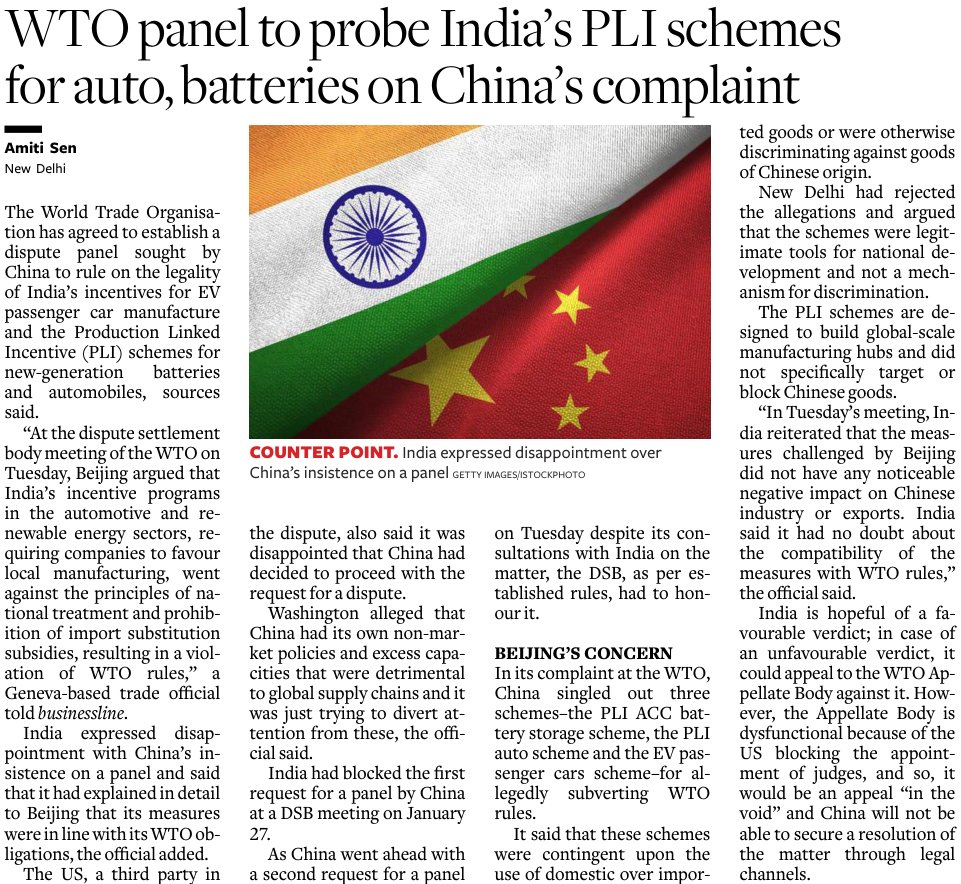 China drags India to the WTO over PLI schemes for EVs &amp; batteries, alleging “localisation bias” and rule violations. Objects to India incentivising domestic value-add under PLI. 

The irony? The same Beijing that built entire sectors on state-backed scale and export muscle.

The