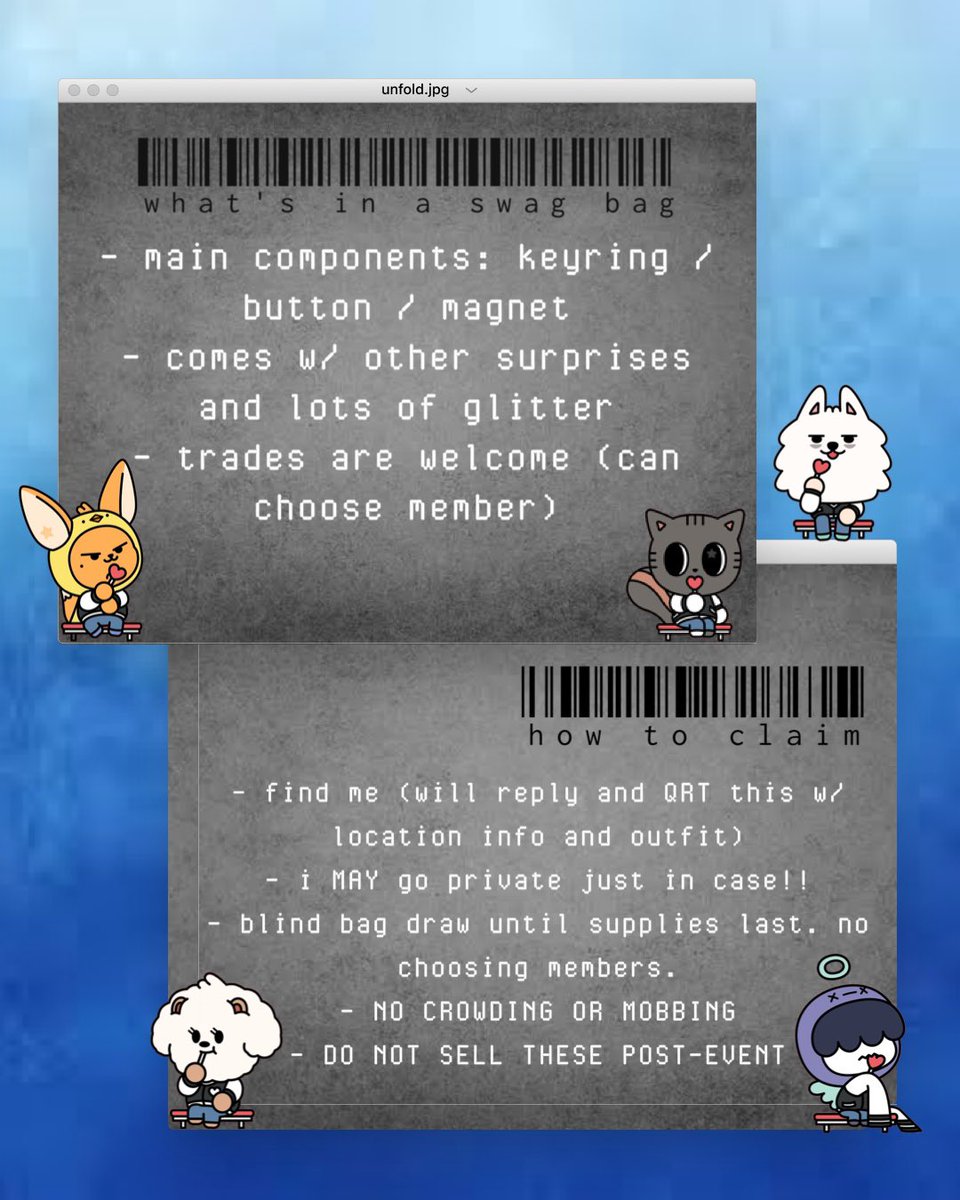 🐈‍⬛ THT BNS FREEBIES FOR WONDERS AT 553 - DUNKIN AND TOMORROW X TOGETHER FUN MEET 🐈‍⬛

✨Swag Bags for MOA✨
- 50 pieces only
- see pubmat for more info ⏬
- trades welcome! 
- more updates on d-day

See you soon! 🍀

#DunkinPH_TXT #DunkinPH_WondersAt553 #TOMORROW_X_TOGETHER #TXT