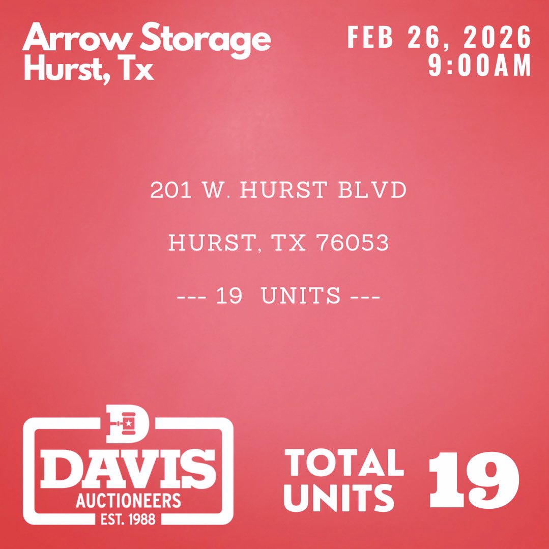 DavisAuctions's tweet photo. Storage unit auctions for Thursday, Feb 26 in the DFW area. Come see it for yourself. See you there. #storageauction #liveauction #storageunitfinds #storageunitauction #resellers https://t.co/COBNZa1KlT