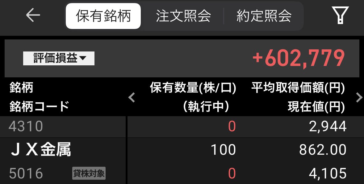 株初めて1年半くらいなるけど最近はプラスだしJX金属300株くらい売ったけどまだ100株保有してて良かった！800円台で買って4000円突破嬉しい！