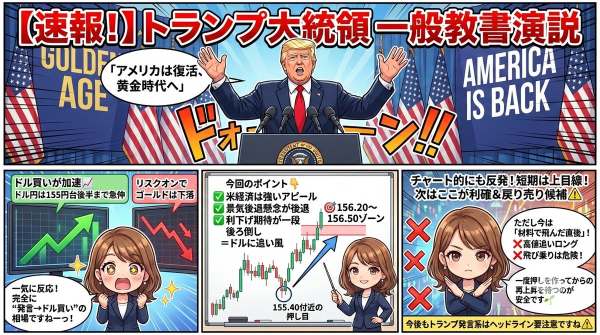 rin_fx_trader's tweet photo. 【速報！】
トランプ大統領の一般教書演説
「アメリカは復活、黄金時代へ」発言で
一気にドル買いが加速しましたねー📈
⠀
▶ ドル円は155円台後半まで急伸
▶ 同時にリスクオンでゴールドは下落
⠀
完全に
“発言→ドル買い”の反応相場です
⠀
今回のポイント👇
⠀
🟢 米経済は強いアピール
🟢 景気後退懸念が後退
🟢 利下げ期待が一段後ろ倒し
⠀
＝ドルに追い風
⠀
チャート的にも
155.40付近の押し目を守って反発していて
短期は上目線が優勢です
⠀
このまま流れが続けば、次は
🎯156.20〜156.50ゾーン
⠀
ここが次の利確＆戻り売り候補になりやすいです⚠️
⠀
ただし今は
「材料で飛んだ直後」なので

❌高値追いロング
❌飛び乗り
は危険。

一度押しを作ってからの
再上昇を待つのが安全です🌿

今後もトランプ発言系は
ドル円を瞬間的に動かしやすいので
ヘッドライン要注意ですね⚠️

#ドル円上昇 #ゴールド下落 #トランプ大統領