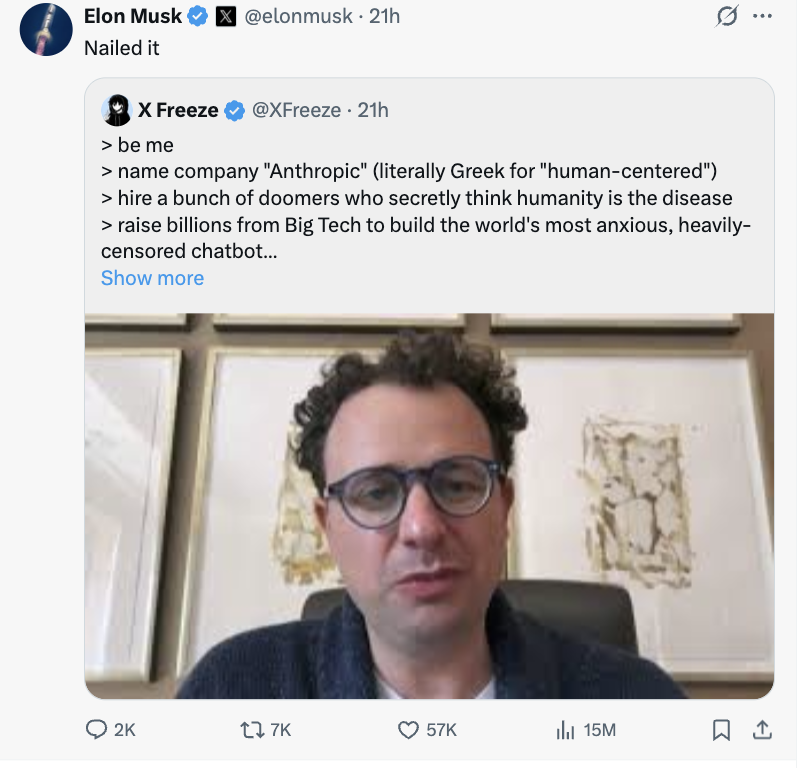 Elon Musk最近是和Anthropic 杠上了吗？三天两头的都在怼它。有知道内情的老铁吗？给我分析下，吃吃瓜