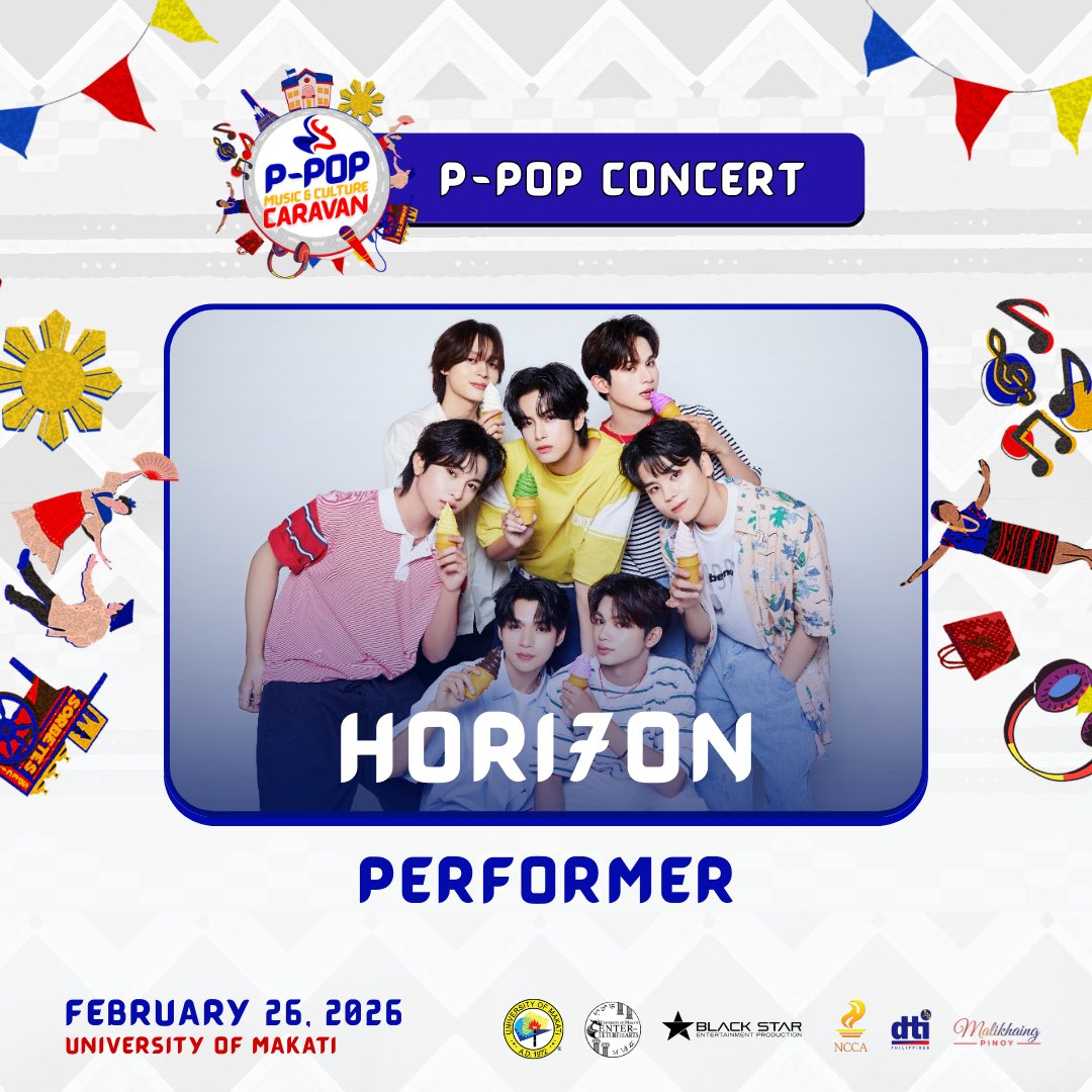 PMCC_2025's tweet photo. 🔥 THE STAGE IS SET 🔥

📍 University of Makati
📆 February 26, 2026 | Thursday

Featuring UNFORGETTABLE performances of:
✨ @KAIAOfficialPH 
✨ @1stoneOfficial 
✨ @HORI7ONofficial 

#PMCC2025 #PPopMusicandCultureCaravan #PMCCatUMAK #KAIA #1STONE #HORI7ON https://t.co/xXc0Y9n6oA