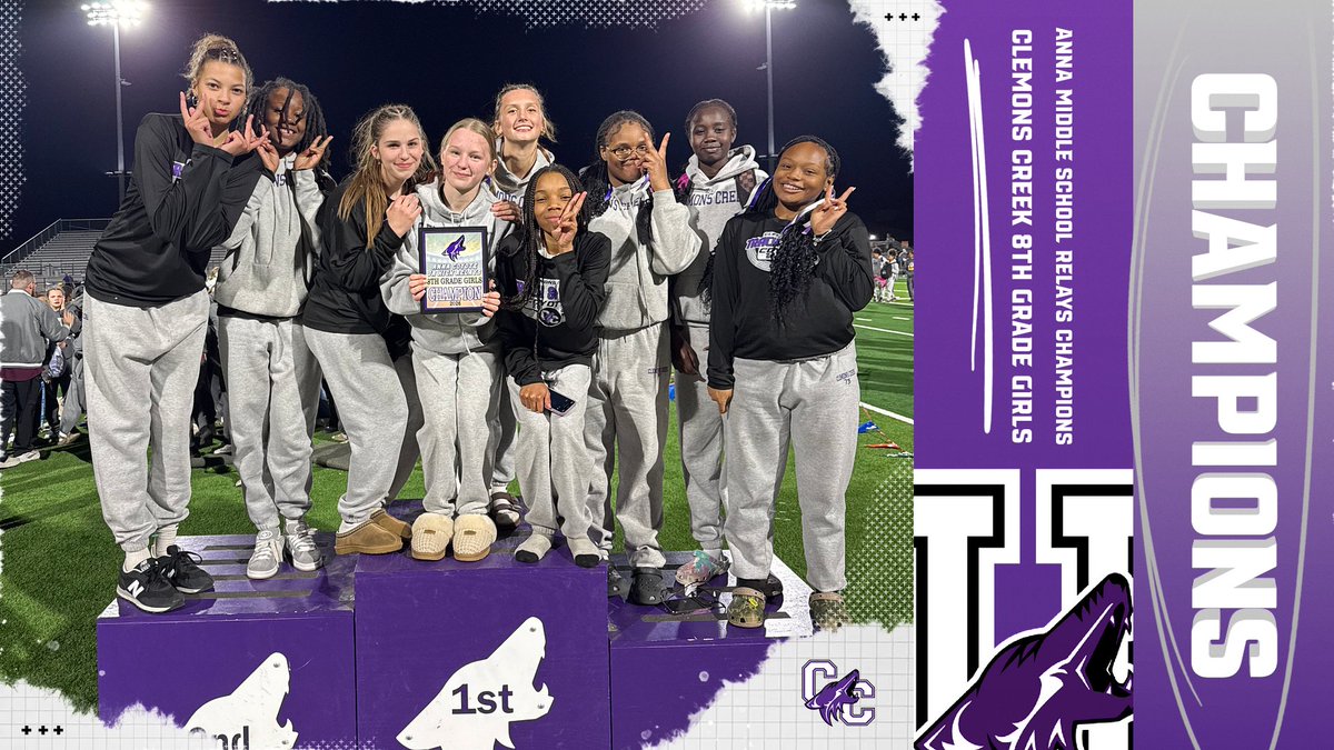 Congratulations to the Clemons Creek 8th Grade Girls Track Team for taking 1st place at the Anna Middle School Relays today! 🏆 Way to start the track season strong, Lady Coyotes! 💜🏃🏽‍♀️