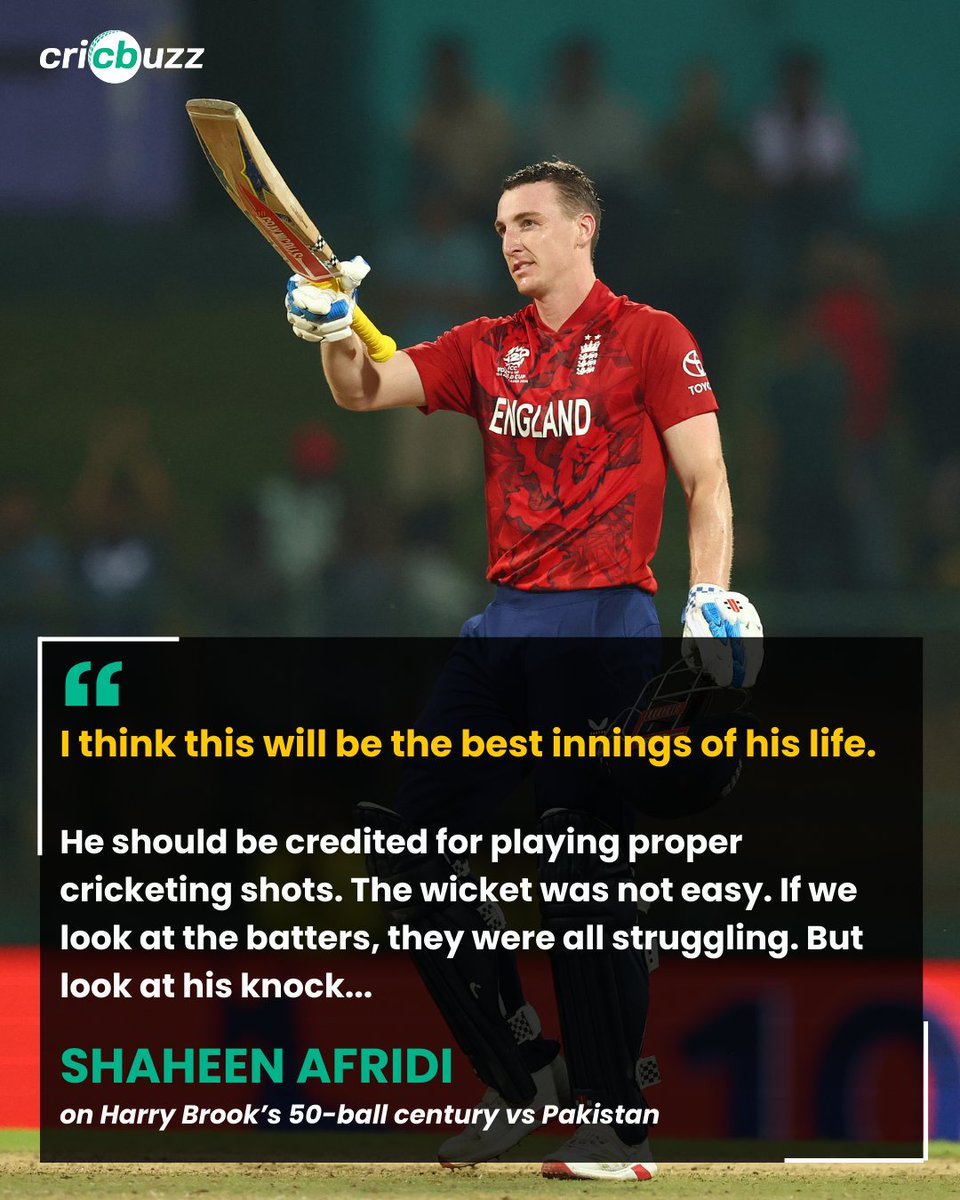 cricbuzz's tweet image. Batting so good, even the opposition can't help praising it 👏

#HarryBrook #ENGvPAK #T20WorldCup