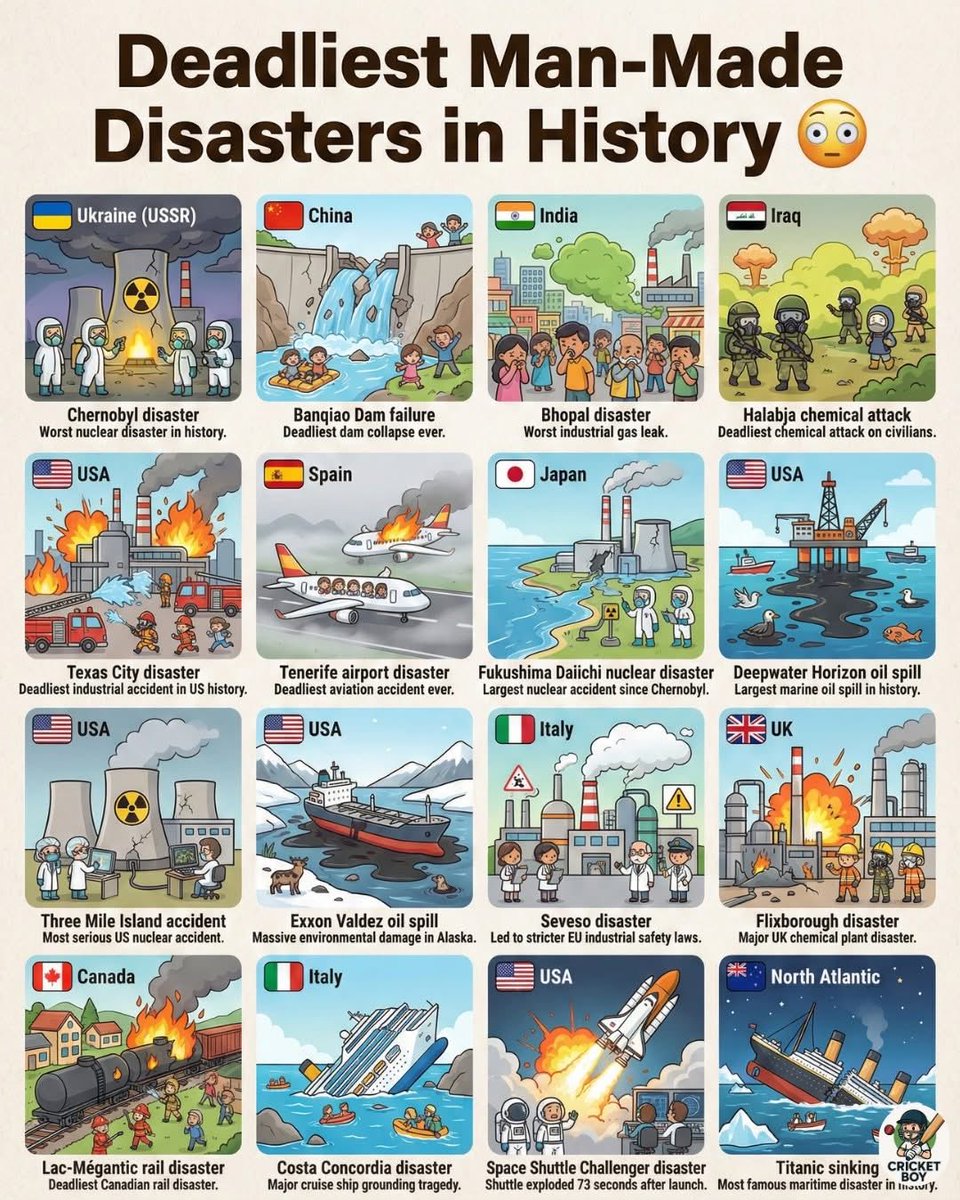 💀 Deadliest man-made disasters in history 

1.🇺🇦 Chernobyl disaster (Ukraine, USSR) – Worst nuclear disaster in history.

2.🇨🇳 Banqiao Dam failure (China) – Deadliest dam collapse ever.

3.🇮🇳 Bhopal disaster (India) – Worst industrial gas leak.

4.🇮🇶 Halabja chemical attack