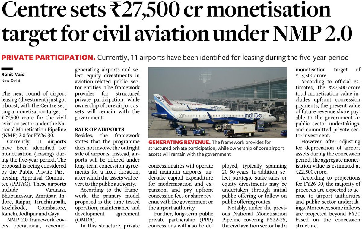 fintrekk's tweet photo. #FCnotes #FCWC

The Indian government has set a ₹27,500 crore monetisation target for the civil aviation sector under the National Monetisation Pipeline (NMP) 2.0 for FY26-30.

11 airports have been identified for leasing/monetisation during this five-year period, including Varanasi, Bhubaneswar, Amritsar, Indore, Raipur, Tiruchirapalli, Kozhikode, Coimbatore, Ranchi, Jodhpur, and Gaya.

This is not an outright sale — airports will be offered under long-term concession agreements, after which assets revert to the government. Core airport ownership remains with the government.

The primary model is the OMDA (Operation, Maintenance and Development Agreement), where private concessionaires operate, maintain, and invest in airports while paying upfront fees or sharing revenue.

The ₹27,500 crore figure includes upfront concession payments, future revenue share, and private sector investment. After adjusting for depreciation, the aggregate monetisation value is estimated at ₹22,500 crore.

Under the previous NMP (FY22-25), the civil aviation sector had a monetisation target of ₹13,500 crore — making NMP 2.0's target significantly higher.

Most proceeds are expected to benefit airport authorities and public sector undertakings, with some inflows projected beyond FY30.