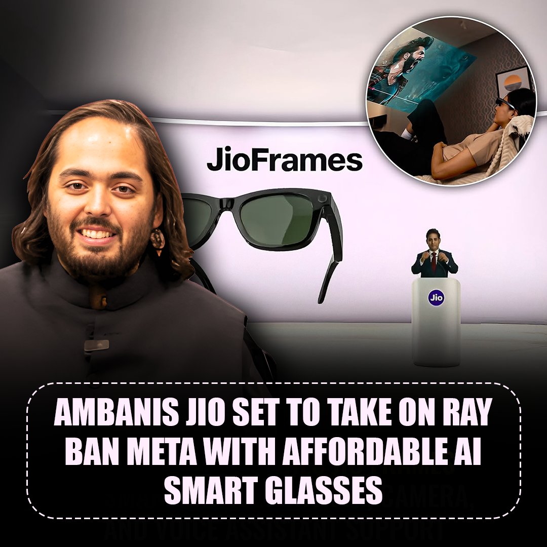 the_ambanis's tweet photo. Jio is set to disrupt the smart glasses market with its affordable AI-powered JioFrames, taking on big names like Ray-Ban and Meta. With features like a built-in camera and voice assistant, it’s the future of wearable tech! #JioFrames #AmbaniFamily #TechRevolution #AI https://t.co/urnxtyxDXY