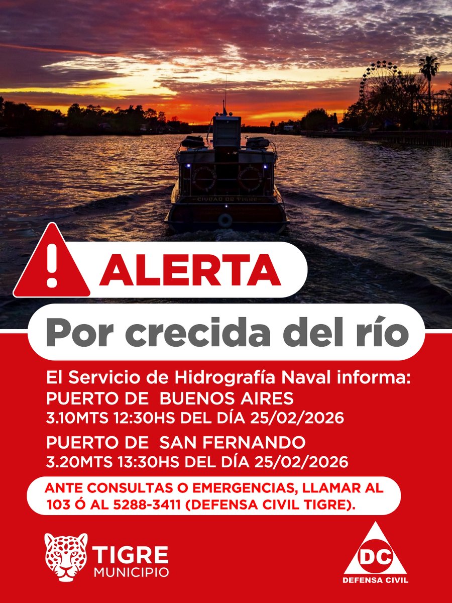 AlertaTigre's tweet photo. ⚠️ Servicio de Hidrografía Naval Informa⚠️
Ante la crecida prevista del Río de la Plata, se esperan niveles elevados que podrían superar la marea normal. Las alturas podrían llegar a 3,20 mts en San Fernando, 3,10 mts en el Puerto de Buenos Aires y 3,10 mts en Puerto La Plata. https://t.co/XjjRbF98TU