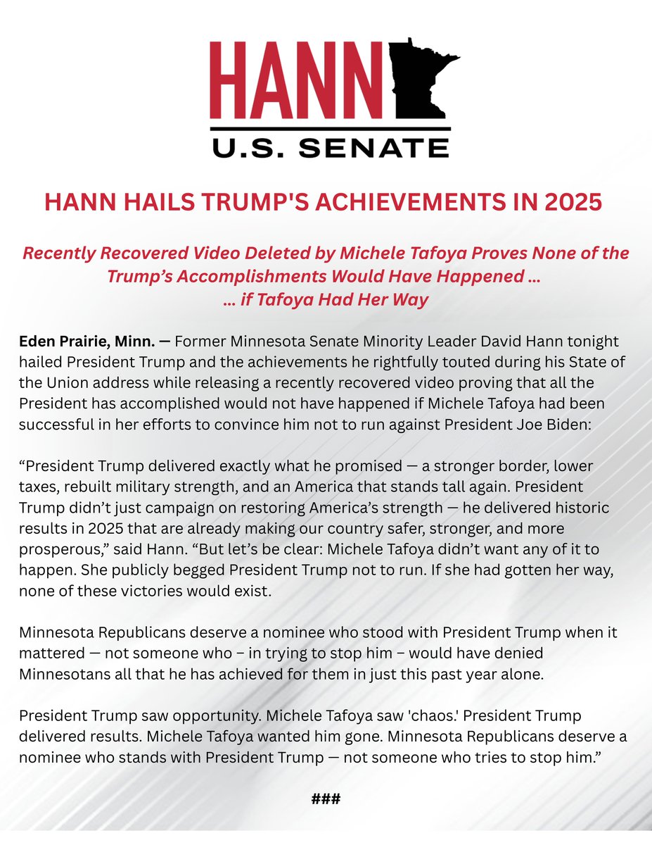 A great #SOTU tonight from <a href="/POTUS/">President Donald J. Trump</a>. MN Republicans deserve a U.S. Senator who stands with him - not someone who tries to stop him.

Full release at conta.cc/4qZBf6G.