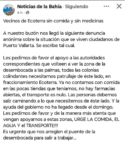americanovictor's tweet photo. 🚨 #DENUNCIA #URGENTE | En Puerto Vallarta, en un conjunto habitación que se llama #Ecoterra, los habitantes están desesperados ya qué no tienen manera de comprar víveres, y es que tras los hechos del domingo pasado, fue demolido un puente conocido como "la Desembocada" y la "maña" no permite que las tiendas abran. 
Los medios locales ya lo informaron en espera de que las autoridades actúen de inmediato.

@Claudiashein @OHarfuch @PabloLemusN @Defensamx1 @GobVallarta  @SEMAR_mx @CiroGomezL @lopezdoriga @AristeguiOnline