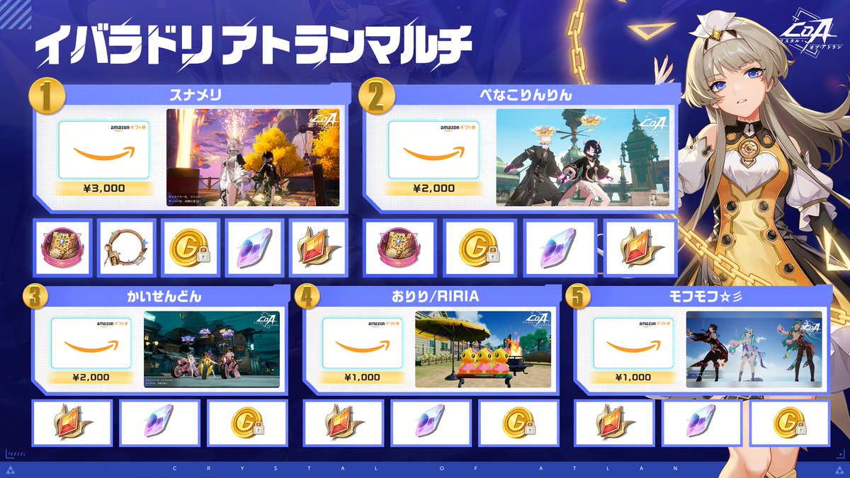 ライト・オブ・アトラン画像部門受賞発表｜第十七期
素晴らしい受賞作品は画像でチェックしてください。
【受賞者 UID】：<a href="/2wano_usagi/">うさぎ</a> <a href="/Yutane_CoAgame/">ユタネ</a> <a href="/coa_rl/">R</a> <a href="/emyusand/">えみゅ〜(過充電)</a> <a href="/panda0527_B21/">panda0527</a> <a href="/RyuZutaso/">りゅずみたそ🌙🗻試練の道02</a> <a href="/fuhaha_/">れんこん</a> <a href="/eirin89/">影鈴</a> <a href="/nohohonsand/">のほほんさん@ゲーム</a> <a href="/aaltfin/">こるぴ</a> <a href="/snmryu/">スナメリ</a> <a href="/CoAkoushiki/">ぺなこりんりん</a> <a href="/hiyokodesu_12/">かいせんどん</a> <a href="/saara01230/">おりり/Riria🐥</a>