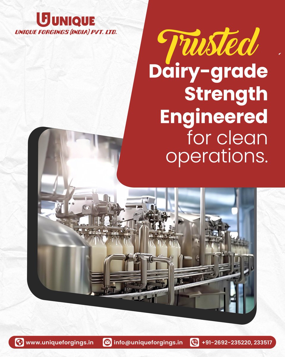 Trusted dairy-grade strength engineered for clean, compliant operations. 🥛 

Upgrade your operations today.
📱: 91-2692-235220, 233517
📧: info@uniqueforgings.in
🌐: uniqueforgings.in

#UniqueForgings #DairyIndustry #FoodProcessing #HygienicDesign #CleanOperations