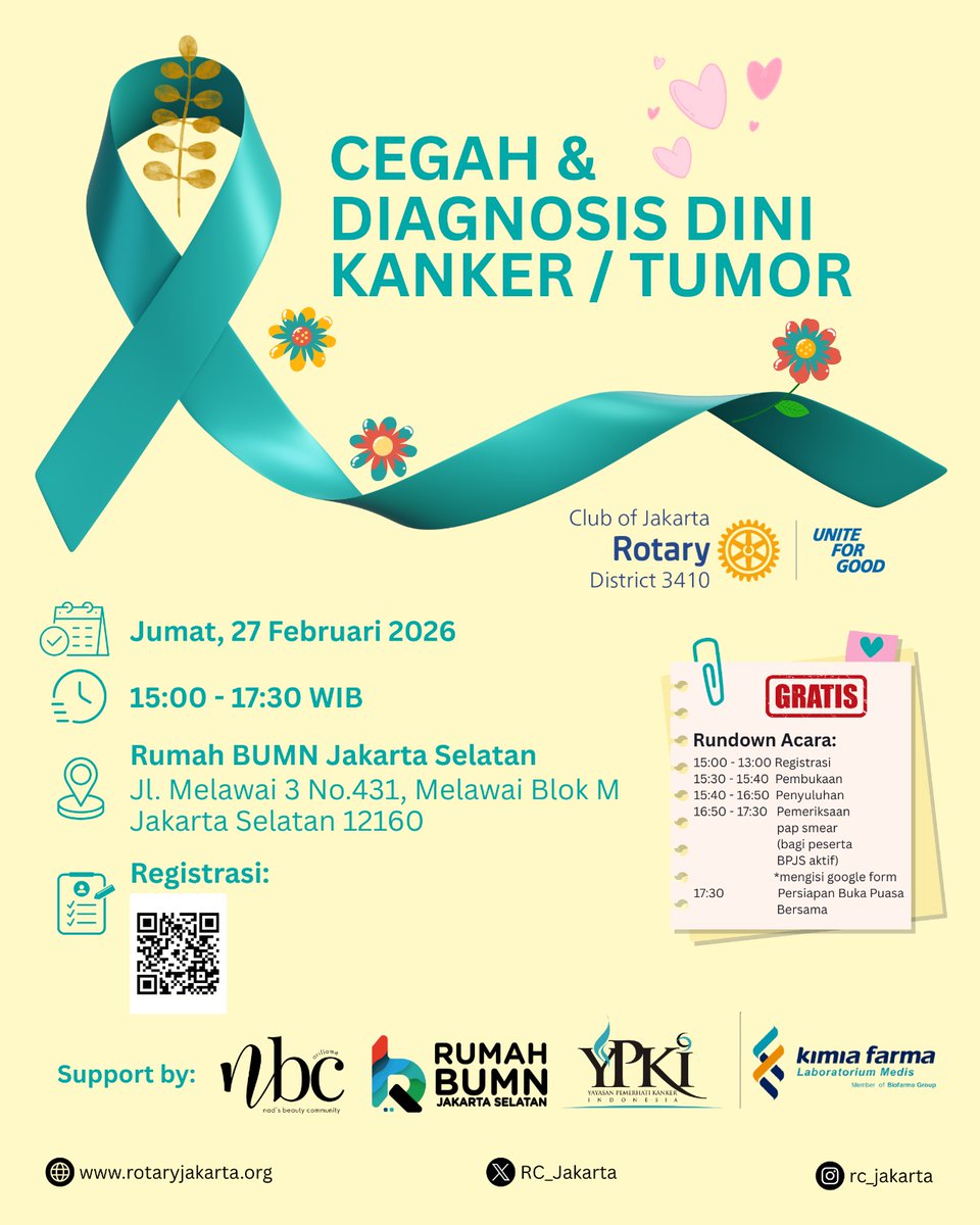 RC of Jakarta kolaborasi dengan YPKI, Kimia Farma Laboratorium Medis, Rumah BUMN Jakarta Selatan, &amp; NBC mengadakan "Cegah &amp; Diagnosis Dino KANKER / Tumor" pada 27 Februari 2026, mulai pukul 15:00-17:30 WIB. Yuk ikutan, sekalian buka puasa bersama #rotary #kolaborasi #kanker
