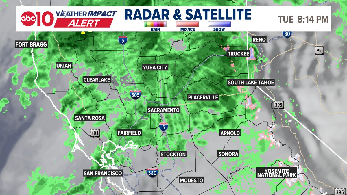 Well... the rain largely stayed north of us today, but we've finally got some pushing through the valley tonight.🌧️

A wet end to Tuesday, but a much drier – and warmer – period is on the way.

#CAwx <a href="/ABC10/">ABC10</a>