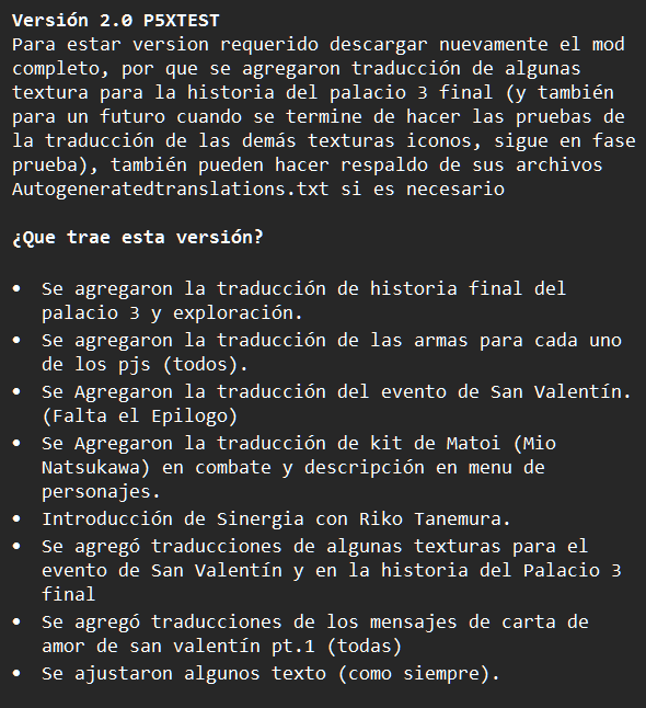 Katzuro32's tweet photo. Ya Disponible la nueva version de P5XTEST 2.0

En mi link de Github: https://t.co/NHb34XSTJz

Agradecimiento a @Danieldg1999  por ayudarme la traducciónes de las texturas

#P5X #Español #Mod https://t.co/aqOemyHfjD