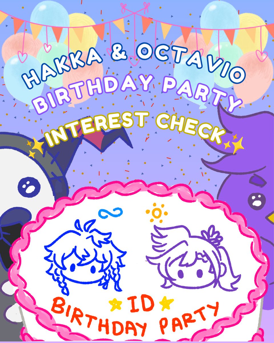 Halo Hakkitos &amp; Octoposse/Poppets ID! kami ada rencana untuk bikin Birthday Party Hakka &amp; Tavi nih! Lokasi di daerah Jakarta! Kalau kamu tertarik bisa isi interest check berikut ya~  ( • ̀ω•́ )✧ 🔗forms.gle/HKThNHSPAaBsbj… 

#HAKKITOS #Octoposse #Poppets 
Art by : <a href="/sked311/">Dev | comms open 📌</a>