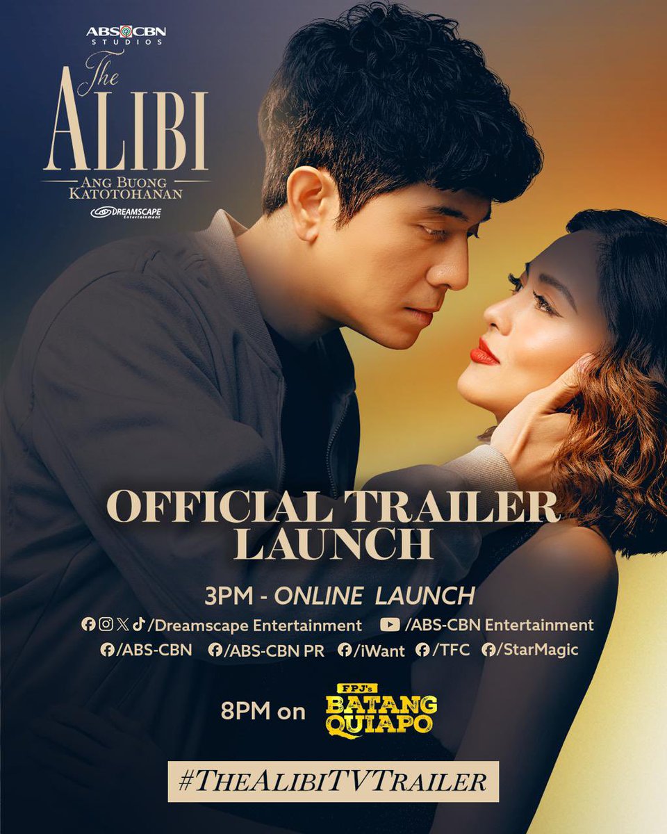 The truth is about to unfold. Are you ready? 👀
Catch #TheAlibiTVTrailer at 3PM on the following social media accounts and 8PM during FPJ’s Batang Quiapo! 

#TheAlibiAngBuongKatotohanan NGAYONG MARCH na sa Primetime Bida!