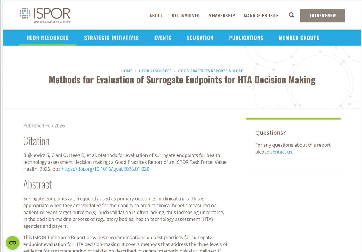 HITAP_Thailand's tweet photo. 📢 The new ISPOR Good Practices Task Force Report on Methods for Evaluation of Surrogate Endpoints for HTA Decision Making is now available. 📋

Surrogate endpoints are widely used in clinical trials. When not adequately validated, however, they can introduce uncertainty into HTA, regulatory, and reimbursement decisions.
.
This report provides practical recommendations to strengthen surrogate endpoint evaluation for policy use, covering:
📚 Levels of evidence for validation: treatment effect association, outcome association, and biological plausibility
📚 Recommended statistical approaches, including multivariate meta-analytic models
📚 The use of Bayesian methods and real-world data when evidence is limited
📚 Alignment between surrogacy analysis and health economic modelling to improve decision relevance
📚 This guidance supports more transparent and robust decision-making in HTA and health policy.
.
Congratulations to the authors on this important contribution to the field: Sylwia Bujkiewicz, Oriana Ciani, Bart Heeg, Mario Ouwens, Dawn Lee, Jeanette Kusel, Kristian Thorlund, Petros Pechlivanoglou, Stephen Stefani, Wanrudee Isaranuwatchai and, Marc Buyse
 .
🔎 Read the full pre-proof in Value in Health:
https://t.co/oTYqeoJFVT

#SurrogateEndpoints #HTA #HEOR #HealthEconomicModeling #Surrogacy
