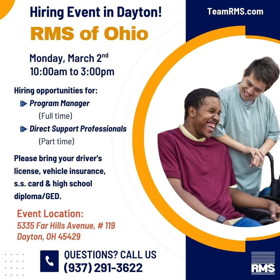 RMSOhio's tweet photo. RMS of Ohio invites you to our Dayton location for a 1 day hiring event?
Monday, March 2nd, from 10:00AM to 3:00PM
We are hiring:
Program Manager
• $22-$23.50/hour (Full-time)
DSPs
• $17.00-$19.00/hour (Part-time)
You could walk away with a job offer on the spot!
#RMSofOhio https://t.co/jqUbMEKBLa