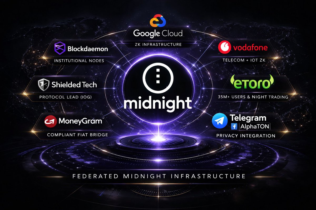 Midnight Federated Validators (7/10):

Google Cloud: ZK infra + security

Blockdaemon: institutional nodes

Shielded Tech: protocol lead (IOG)

AlphaTON/Telegram: privacy integration

Pairpoint/Vodafone: telecom + IoT ZK

MoneyGram: compliant fiat bridge

eToro: 35M+ users &amp;