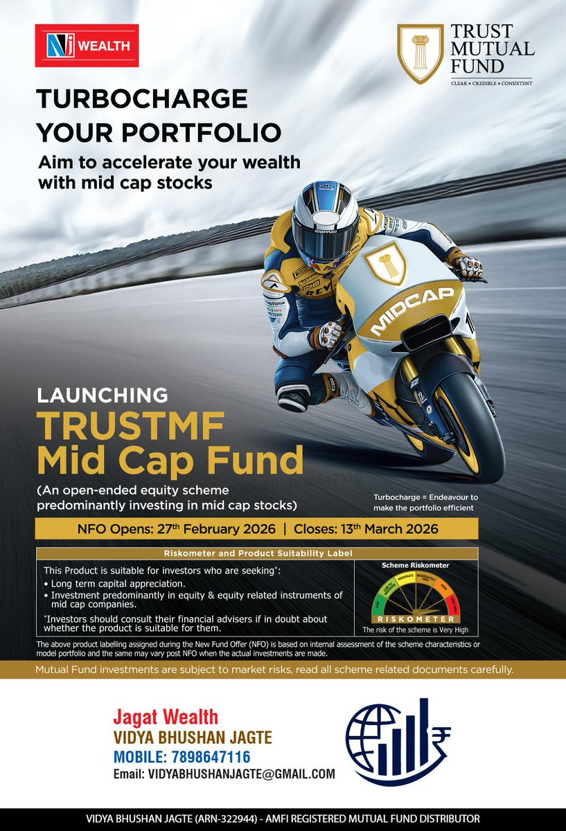 JagatWealth's tweet image. p.njw.bz/48143 

To open your account please click on above link.

📲 Invest Now with
Jagat Wealth
Vidya Bhushan Jagte
📞 7898647116

#MidCapFund #NFO2026 #WealthCreation #MutualFunds #JagatWealth #InvestSmart