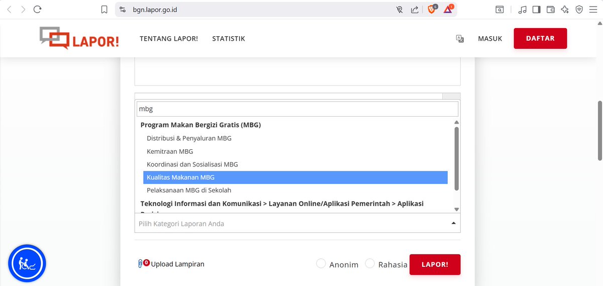 Guys, melihat banyaknya keluhan akan kualitas menu MBG sepanjang bulan Ramadan, yang sepertinya ada kecurigaan korupsi dalam pengadaan dari dapur-dapur MBG terkait, kita perlu lapor terang-terangan di media sosial dan di situs BGN.

Kalian bisa akses link ini dan kirimkan keluhan