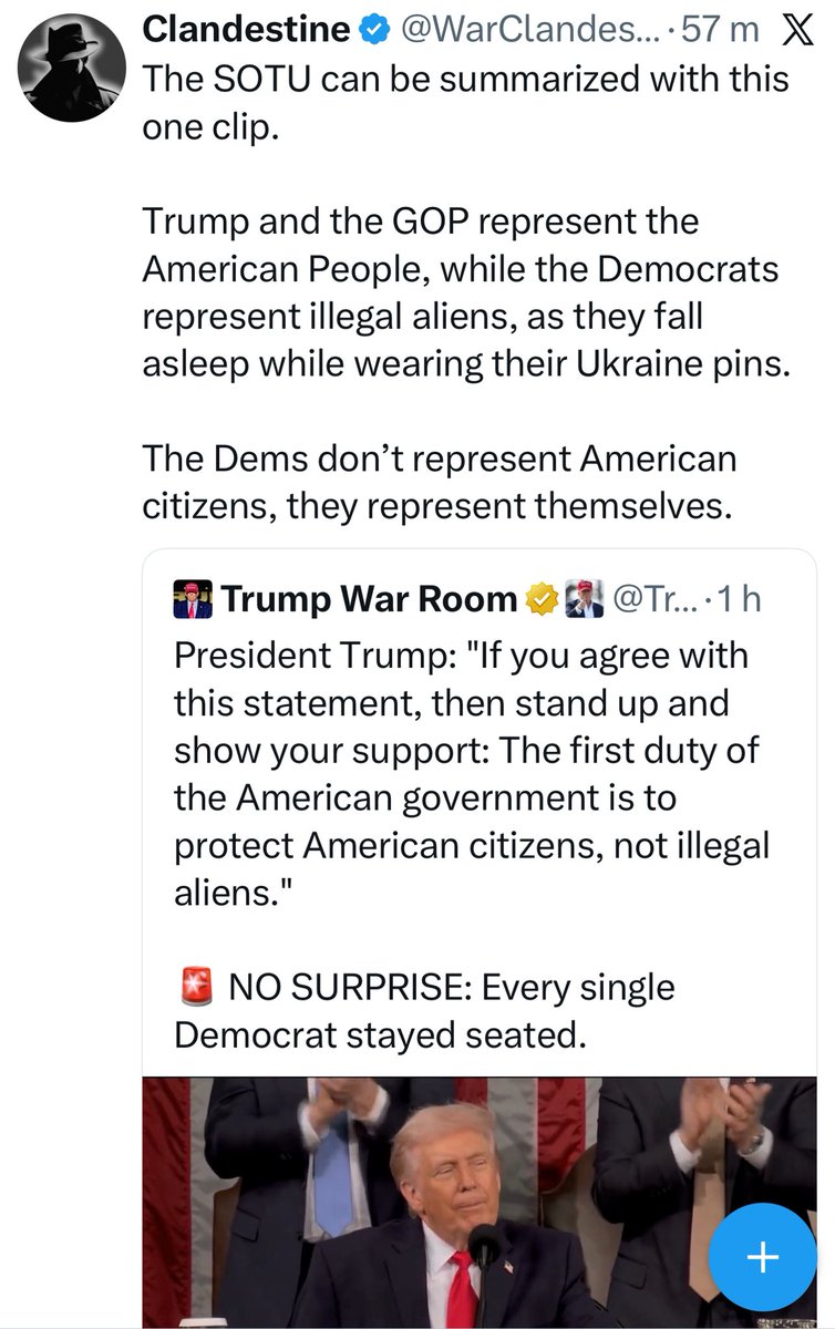 «Le discours sur l'état de l'Union peut se résumer en un seul extrait.

Trump et le Parti républicain représentent le peuple américain, tandis que les démocrates représentent les immigrés clandestins…

Les démocrates… se représentent eux-mêmes.»