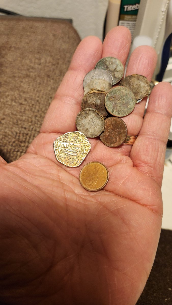 ReelCastPodcast's tweet image. 8 pennies, a Canadian penny, and a faux Pirate coin. This evening's metal detecting finds! #metaldetecting #coinhunt #noktamakrosimplexplus