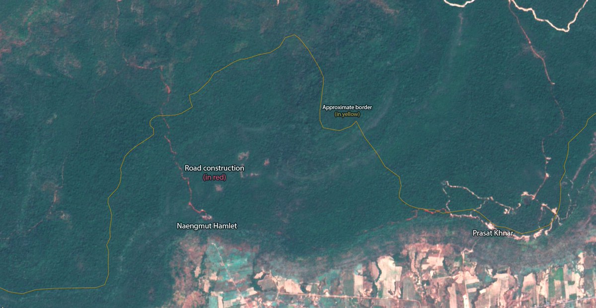 Nrg8000's tweet photo. Since February 10th, the Thai military has built a road to the Naengmut hamlet and connected their control along the plateau ridge towards Prasat Khnar, a contested temple which they captured in the December clashes. This asserts their effective control over around 7km² of Cambodian territory in that sector.
 
1st map shows the satellite imagery with changes highlighted in red;
2nd map shows the road more clearly annotated;
3rd map shows this area more generally over the border region (per my interactive map https://t.co/PUNnjDm3sa)