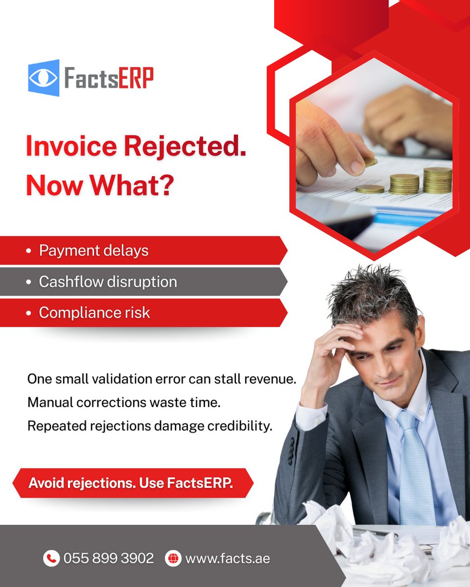 FactsCSH's tweet photo. One rejected invoice can delay collections.

Multiple rejections? That affects cashflow.

FactsERP helps generate compliant invoices and reduce validation errors before submission.

Want to see how? Send us a message. https://t.co/is12LvUCMg