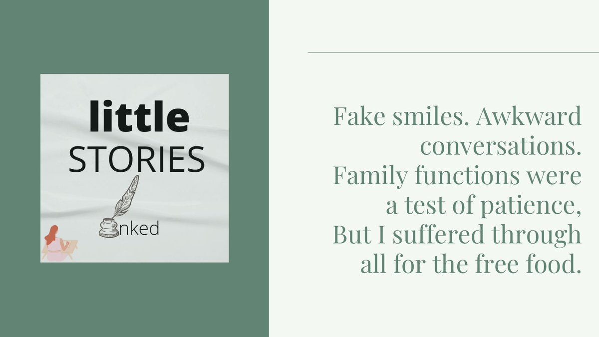 littleST_inked's tweet photo. Fake smiles. Awkward conversations.
Family functions were a test of patience,
But I suffered through all for the free food.
#littleSTORIESinked #fake #fakesmiles #smiles #awkward #conversations #family #functions #test #patience #suffered #free #food https://t.co/7u8qMGCEna