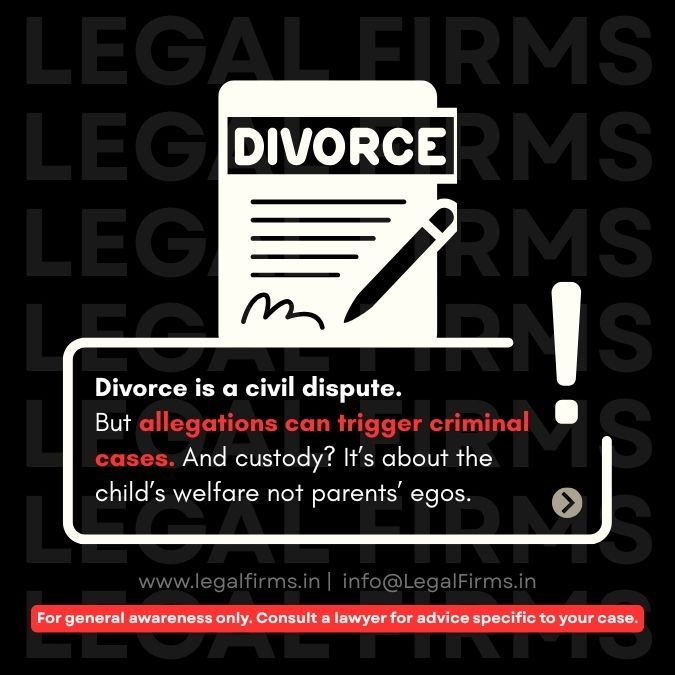 LegalFirms's tweet photo. Divorce in India is a civil proceeding under laws like the Hindu Marriage Act, 1955.

But allegations during divorce can trigger separate criminal cases.
Child custody is decided on the “welfare of the child” principle — not parental ego.

#LegalFirms #FamilyLaw #ChildCustody https://t.co/lYXJlvJcGl