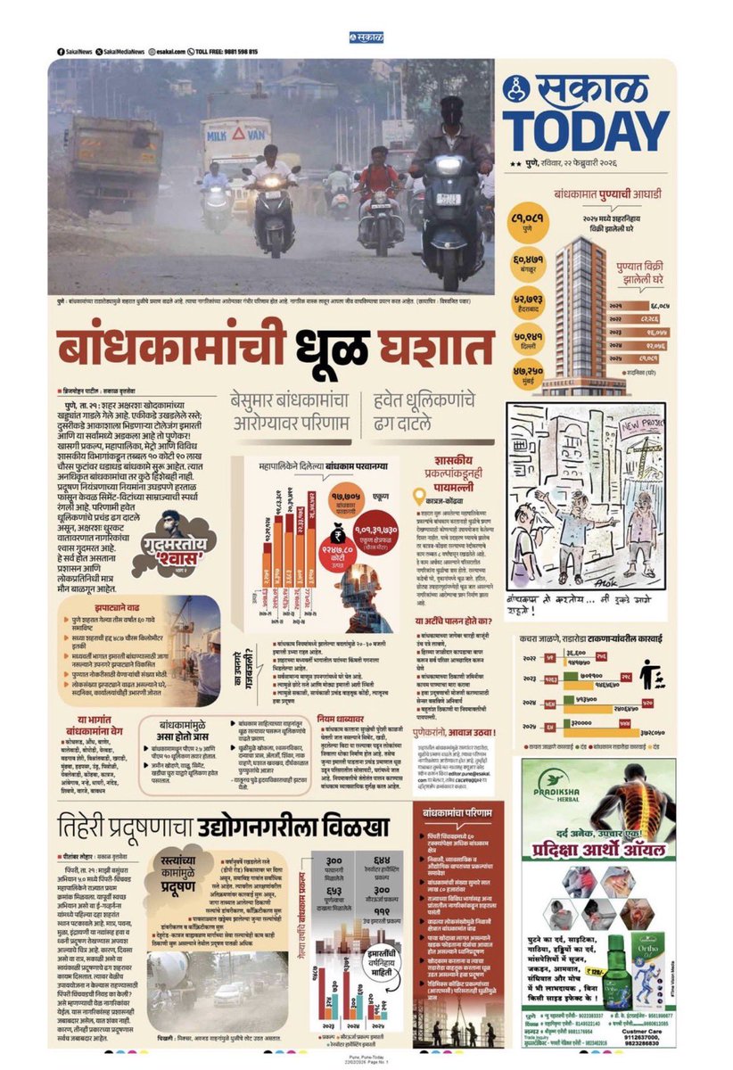 anilshidore's tweet photo. “दैनिक सकाळ” सारख्या अग्रगण्य वृत्तपत्रानं पुण्याच्या हवेतील प्रदूषणासारखा प्रश्न घेऊन पुण्यातील कारभाऱ्यांच्या डोळ्यात अंजन घातले आहे. 

प्रत्येक प्रश्नावर नागरिकांचं भलं व्हावं म्हणून काही संस्था संसदीय चौकटीत नेमलेल्या असतात. ह्या बाबतीत त्या “महाराष्ट्र प्रदूषण नियंत्रण मंडळ” आणि “पुणे महानगरपालिका” ह्या त्या दोन संस्था. त्यांनी ह्याकडे लक्ष द्यावं.

ह्या ट्विटसोबत मी त्यांची वृत्तमालिका सोबत देतो आहे. 

हवेच्या इतक्या भीषण प्रदूषणामुळे किती लोक आजारी पडत असतील? 
ते आजारी पडल्यामुळे त्यांचं किती आर्थिक नुकसान होत असेल? 
त्यामुळे अर्थव्यवस्थेकडे काय परिणाम होत असेल? 
दवापाण्यावर लोकांचा किती खर्च होत असेल? 
काही लहान मुलांच्या श्वसनयंत्रणेवर ह्यामुळे कायम स्वरूपी परिणाम होईल का?

ह्या सर्व बाबींचा विचार होणं आवश्यक आहे. जागतिक आरोग्य संघटनेनं ह्याला Burden of Disease असं म्हटलं आहे. म्हणजे रोगराईमुळे होणारा आर्थिक आणि सामाजिक ताण किंवा ओझं. जिज्ञासूंनी आणि पुण्याच्या कारभाऱ्यांनी ते समजून घेऊन कृती करावी.

दैनिक सकाळचं मनोमन अभिनंदन ! 

@PSamratSakal @PMCPune @mohol_murlidhar @mpcb_official 
#खरेप्रश्न #पुणे #pune #प्रदूषण